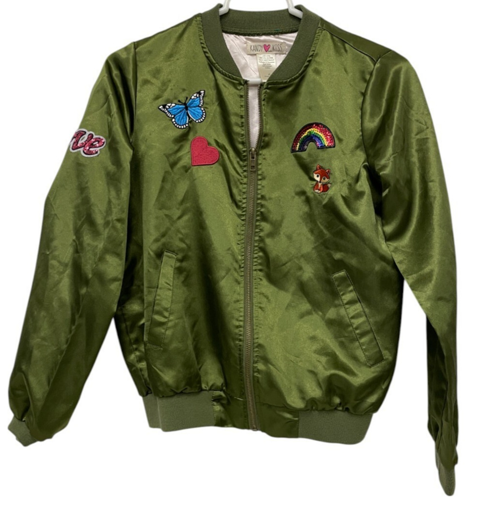 Kandy Kiss Bomber Jacket Girls Size Large Green Patches Full Zip Long Sleeve